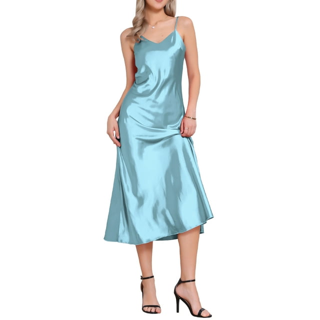 CURVOSPORT Vestido de Satén para Mujer con Tirantes Espagueti y Escote en V, Elegante Vestido Maxi Deslizante en Azul Claro