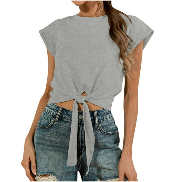Sexy Casual mujer manga corta sólido cuello redondo Tops damas blusa encaje hasta chaleco Pompotops lopia987944