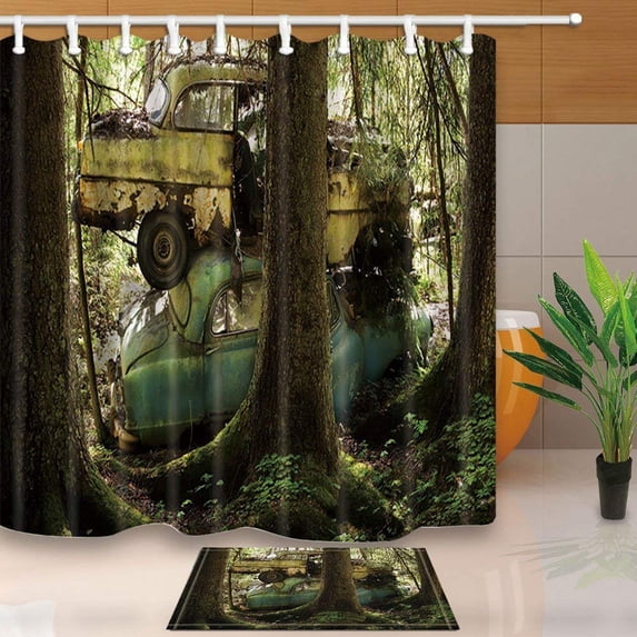 ARTJIA Rustic Car Decor Shabby Old Truck in the Forest Shower Curtain 66x72 inches with Floor Doormat Bath Rugs 15.7x23.6 inches