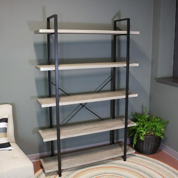 Sunnydaze Industrial-Style 5-Tier Bookshelf, Oak Gray