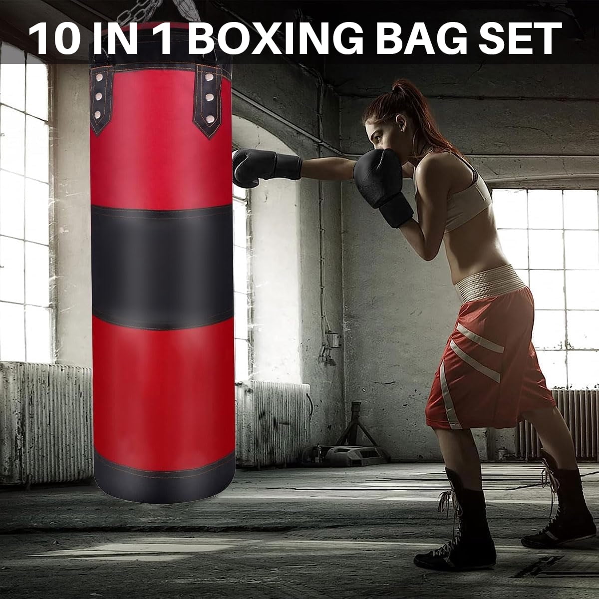 HEYMKGO 120CM Professional Punching Bag Set – 10-Piece Premium PU Leather Hanging Heavy Bag with Hook & Chain for Adults, Karate, Kickboxing, MMA, Gym & Home Training