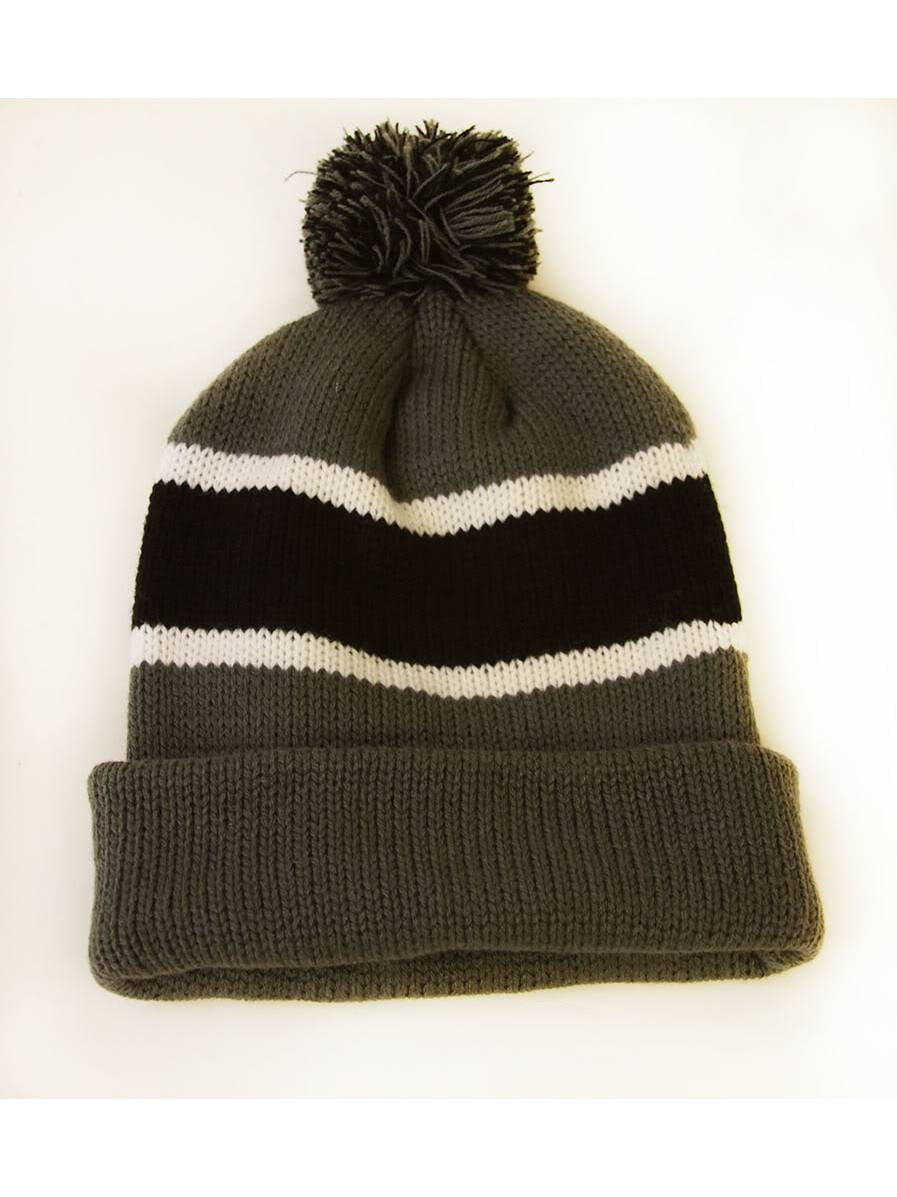 Winter Striped Beanie with Pom - Grey 
