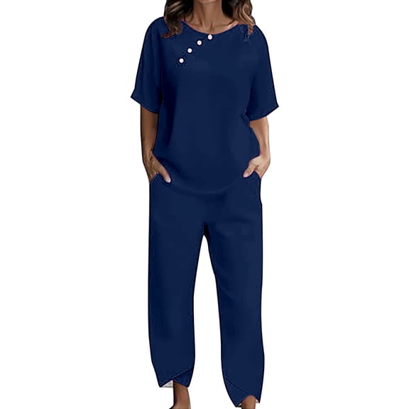 GILIGEGE Linen Sets for Women 2 Piece Summer Women's Summer Cotton and Solid Color Round Neck with Button Loose Casual Pants Short Sleeve Set Wide Leg Pants Tracksuit Lounge Matching Sets Dark Blue L
