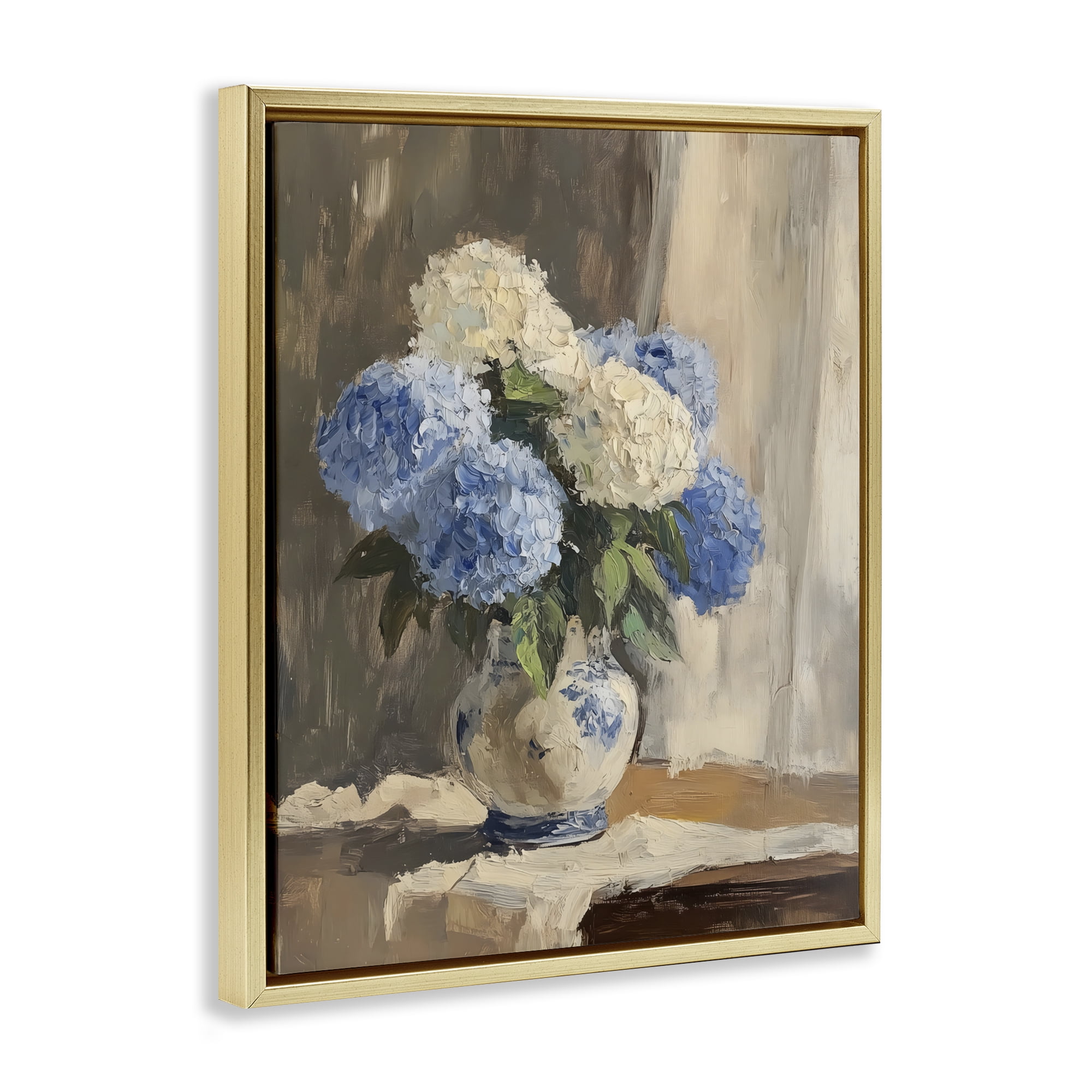 Stupell Industries Vintage Hydrangea in Ceramic Vase Gold Framed Floater Canvas Wall Art, design by LSR Design Studio