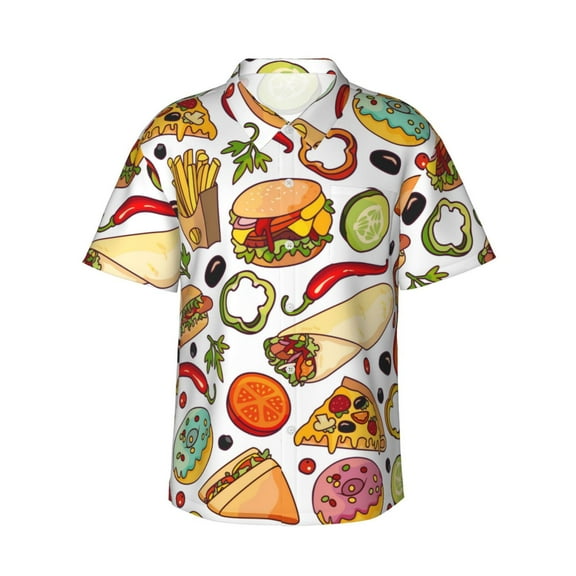 Fast Food Pattern Hawaiian Shirts For Men, Summer Short-Sleeve Relaxed-Fit Button-Down Shirts Small