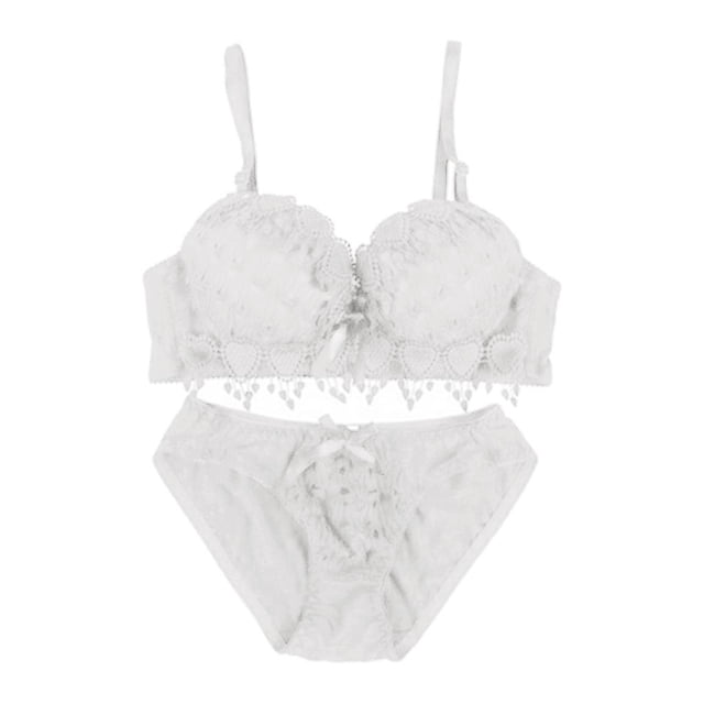 push up para mujer ropa interior de encaje con panty, 85b Conjunto blanco push up en vista frontal; sujetador 3/4 copa con escote en V profundo, aros, cierre trasero de tres filas y tirantes elásticos ajustables y extraíbles; panty a juego con fruncido y lazo decorativo; a menudo se elige como regalo íntimo por su diseño de encaje.