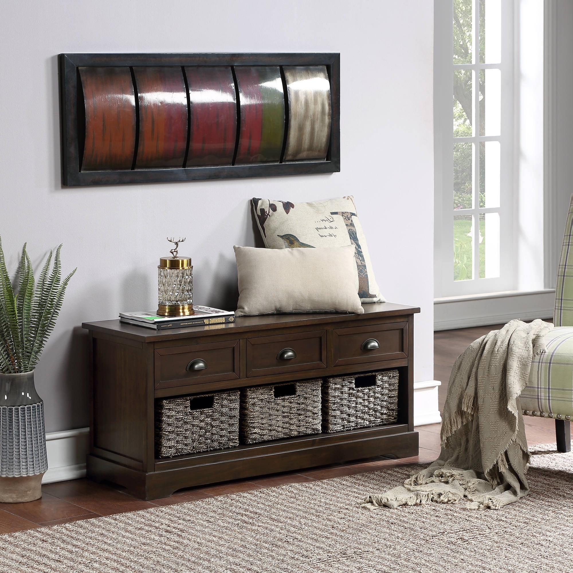 Rustic Wood Storage Bench with 3 Drawers and 3 Woven Baskets, Storage