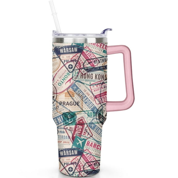 Travel Theme 40 oz Tumbler with Handle and Straw 40oz Travel Tumbler Spill-Proof Lid Double Insulated Perfect for Daily Hydration