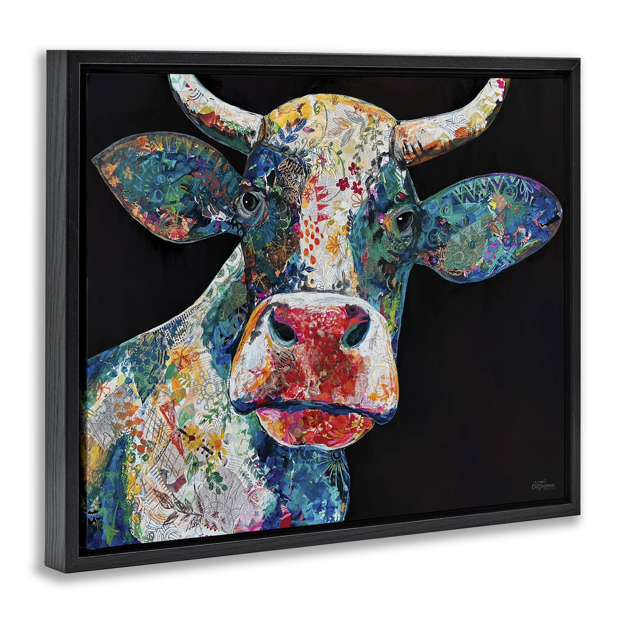 Stupell Industries Paisley Pattern Cow Animals & Insects Painting Black Floater Framed Canvas Art Print Wall Art, 31 x 25