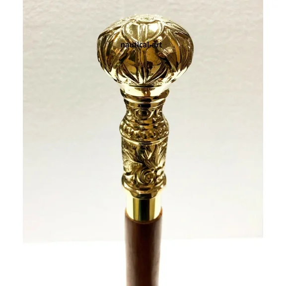 Antique Brass Knob Designer Handle Handmade Wood Walking Stick Cane Gifts.