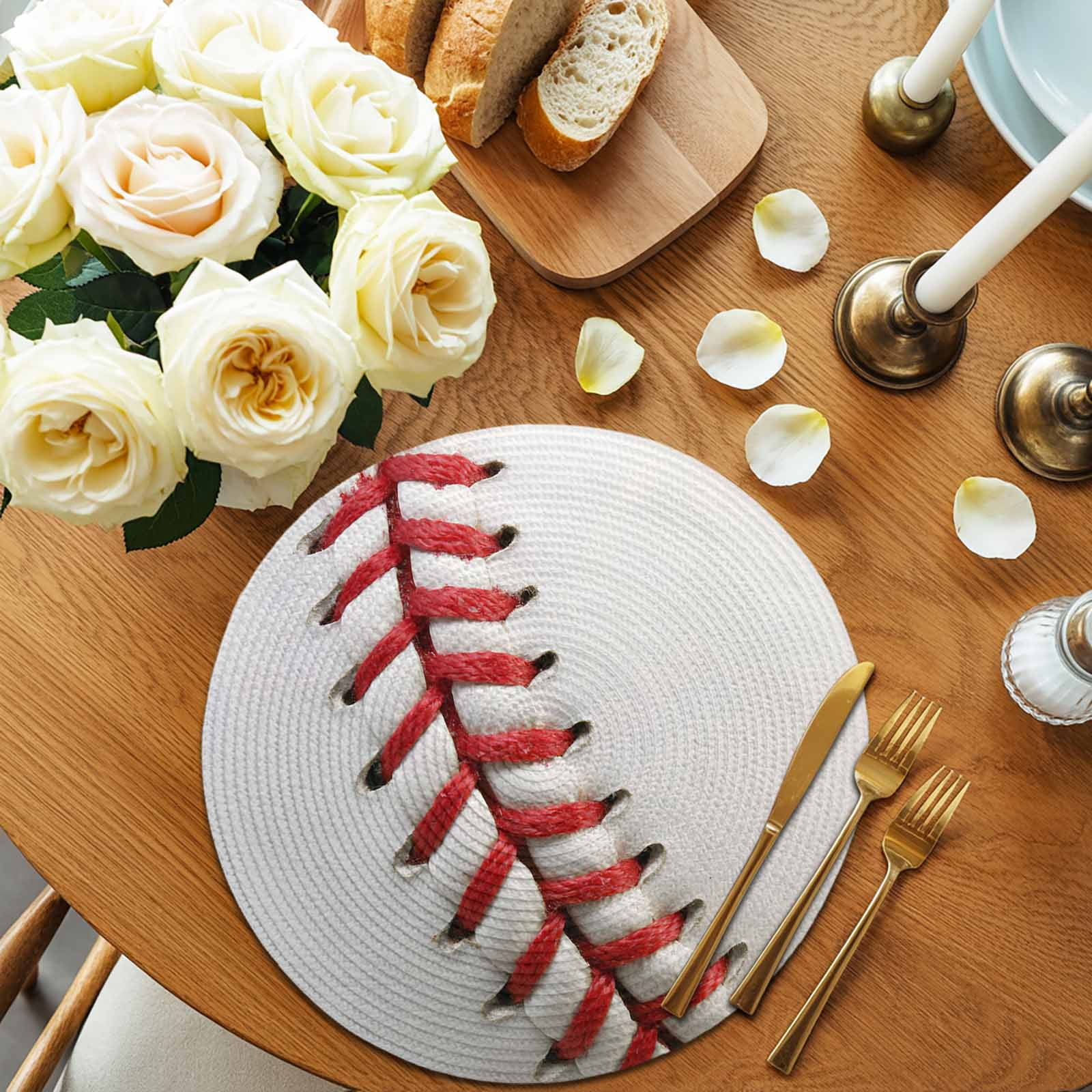 Baseball Round Placemats Set of 6 for Dinning Tables,Heat-proof Braided Table Mats 15 Inch,Red White Texture Sports Ball Minimalist Washable Place Mat for Kitchen Restaurant Party Decor Table Setting