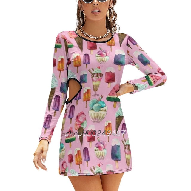 Ice-Cream Pattern Sweetheart Knot Flared Dress Fashion Design Large Size Loose Dress Summer Ice Icecream Ice Cream Sundae