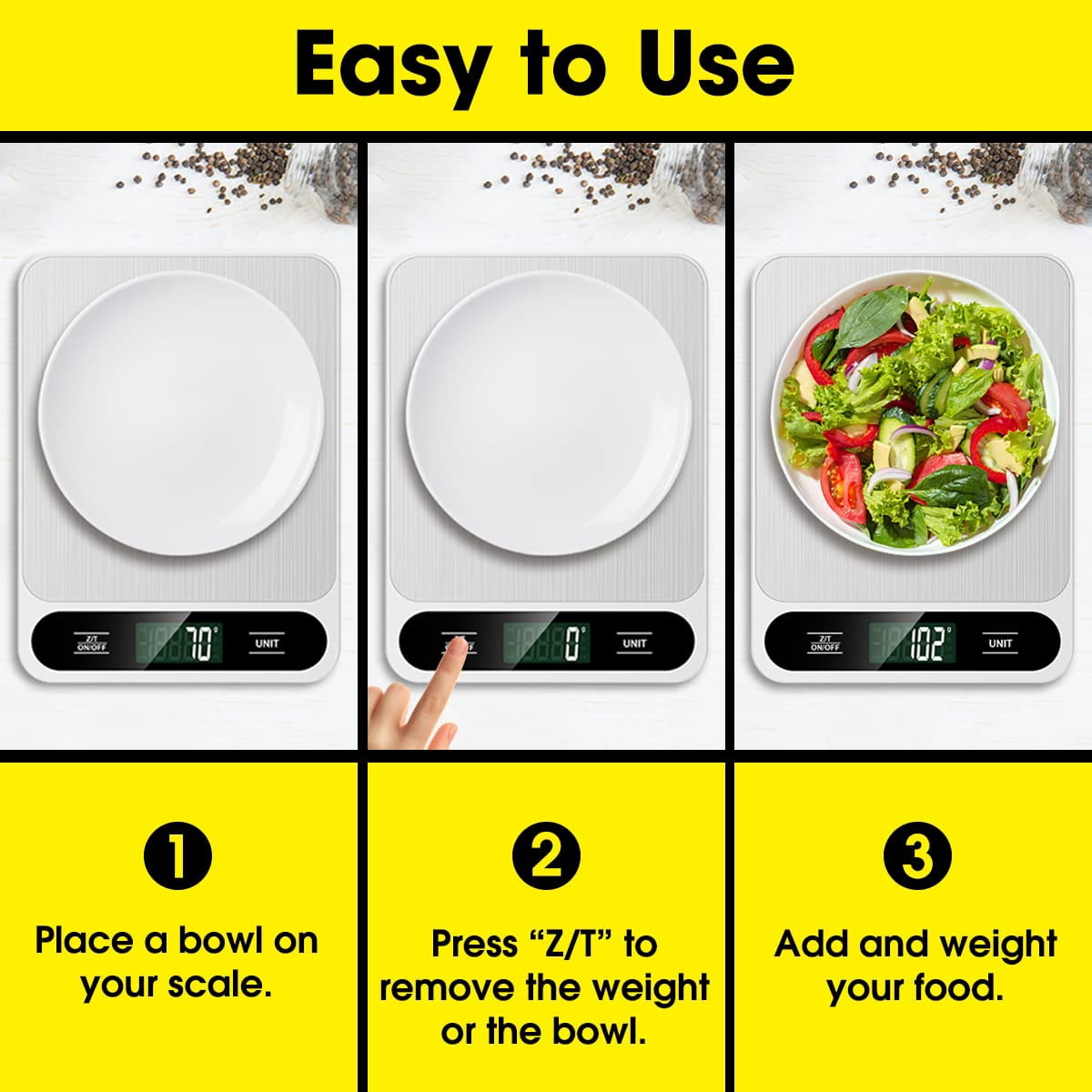 Food Scale White, 22lb/10kg Digital Kitchen Scale Grams and oz for Baking Cooking and Weight Loss, 1g/0.04oz Precise Graduation, Easy Clean Stainless Steel