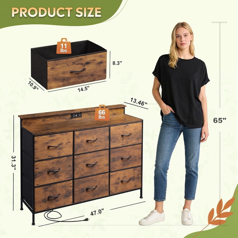 Simenmax TV Stand with 9 Fabric Drawers, Entertainment Center with LED Lights & Charging Station, Media Console for 45-55 inch TV, Brown