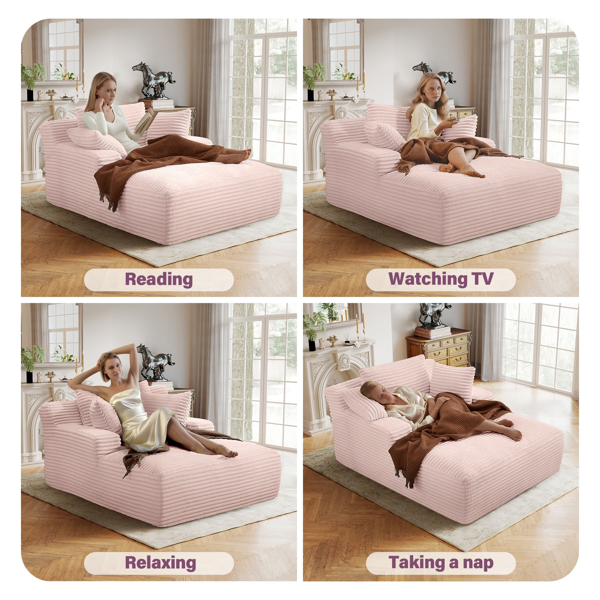 Aukfa Corduroy Chaise Lounge Chair, Oversized Indoor Lounger Floor Sofa Bed for Living Room, Bedroom, Small Space,Pink