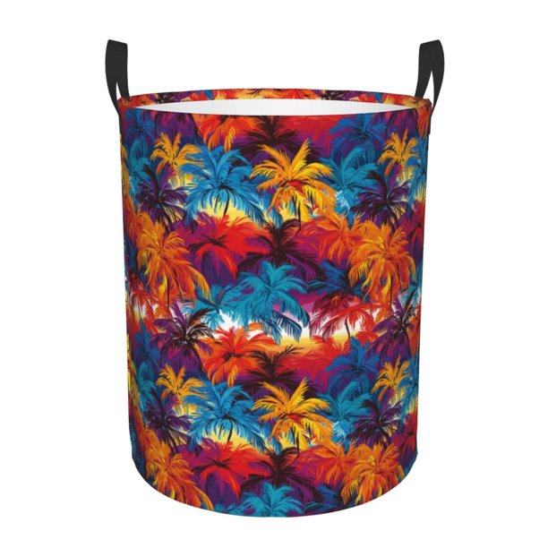 Balery Colorful Hawaii Palms Cesta de ropa redonda con asas, impermeable, independiente, para ropa, juguetes, dormitorio y familia-Medium