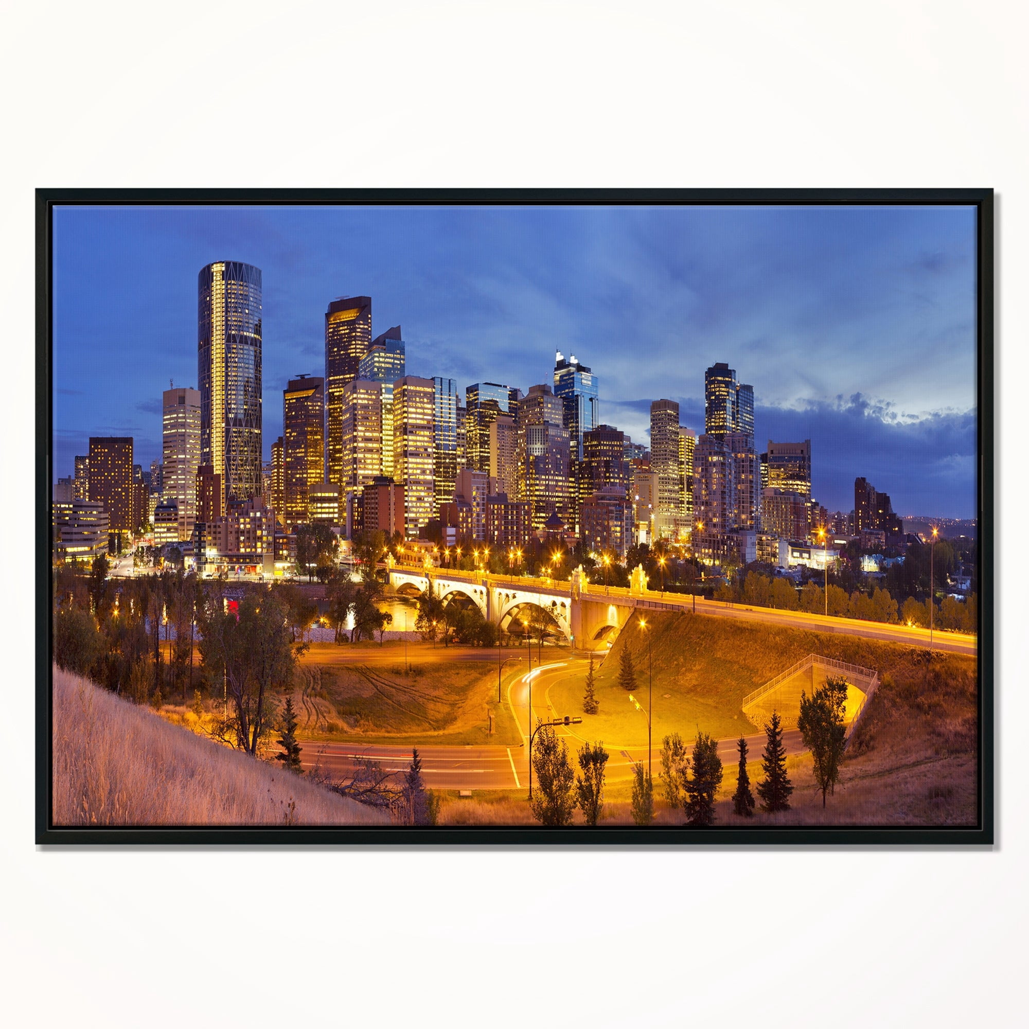 Design Art Skyline of Calgary at Night Panorama Framed Canvas Art Print