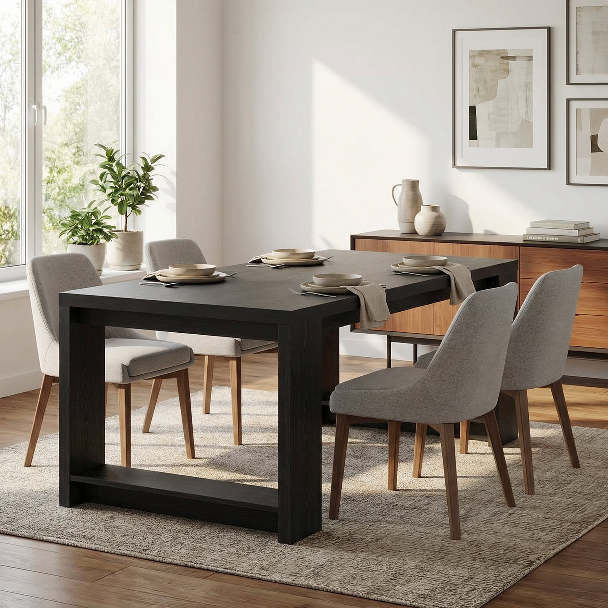 86 Inch Farmhouse Dining Table, Sleek Large Kitchen Table For 8-10 People, Solid MDF Dinner Table With Black Finish, Versatile Table For Home & Office Gatherings