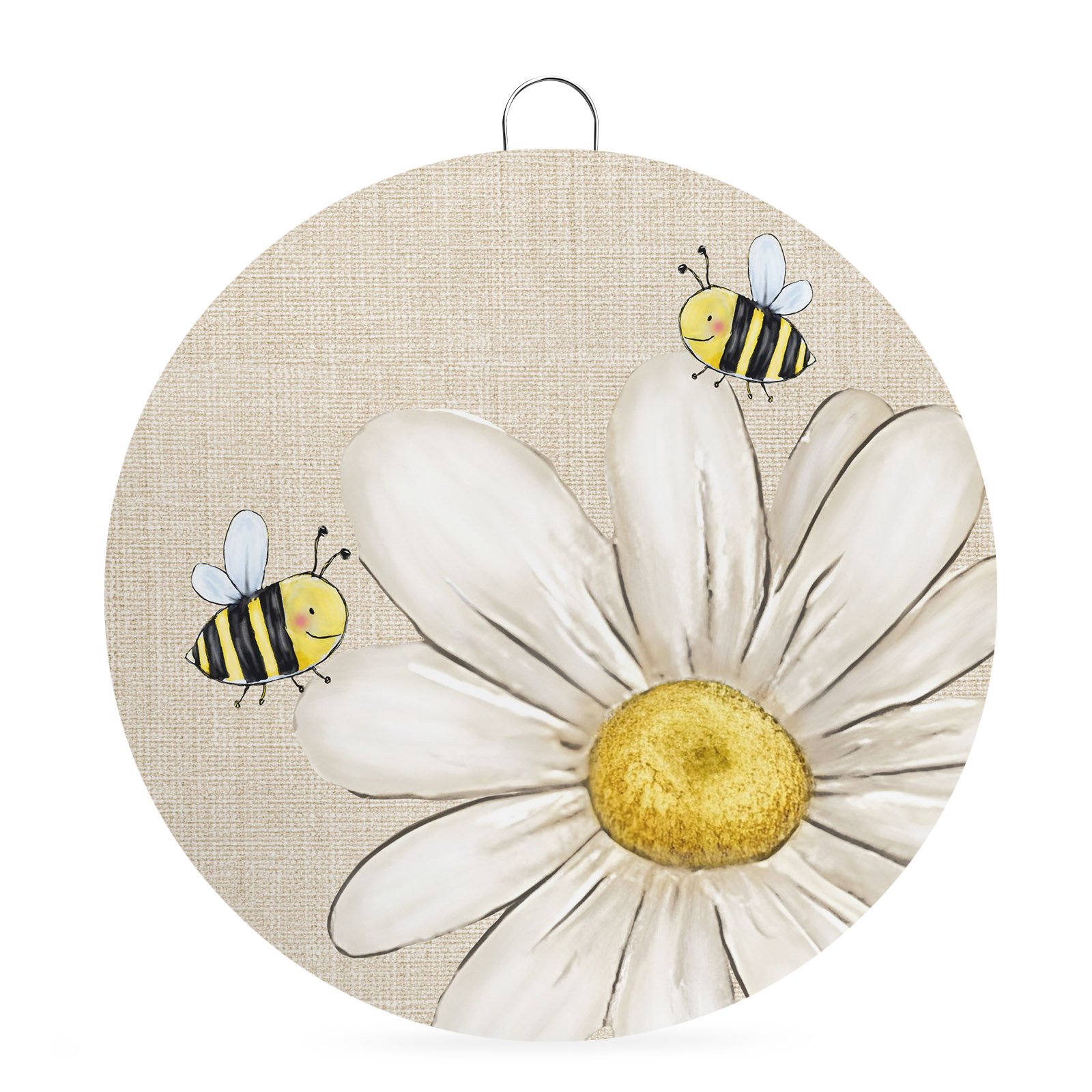 Welcome Sign Front Door Decorations White Daisy Rustic Round Wall Art Outdoor Metal Wreaths Pastoral Flowers Honeybees Burlap Seasonal Hanging Sign for Home Porch Decor Warming Gift 6 In