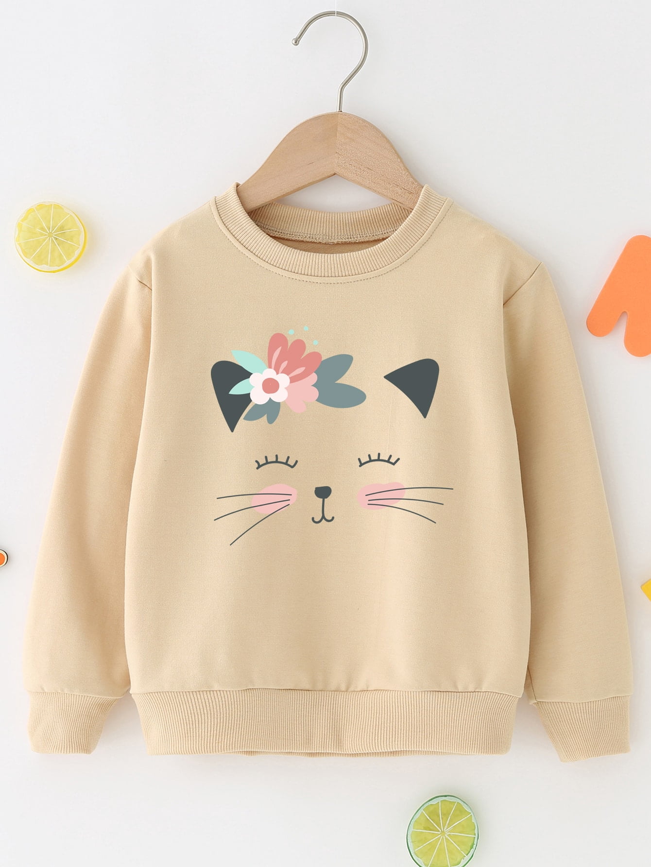 Khaki Toddler Girls Cartoon Cat Print 
