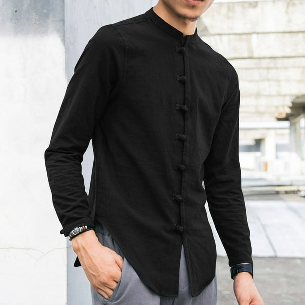 pstuiky mangas largas para hombre, Camisa informal de manga larga con cuello alto y botones especiales de color sólido para hombre. Tops casuales para hombres l