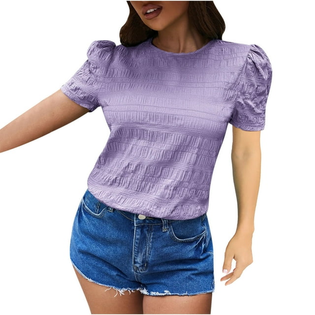 EQWLJWE Hauts d'Été pour Femmes Hauts pour Femmes Liquidation Mode pour Femmes à Carreaux Col Rond Couleur Unie Manches Bouffantes Manches Courtes Hauts