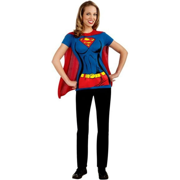 Superman Supergirl Caped T-Shirt Women's Halloween Fancy-Dress Costume for Adult, L