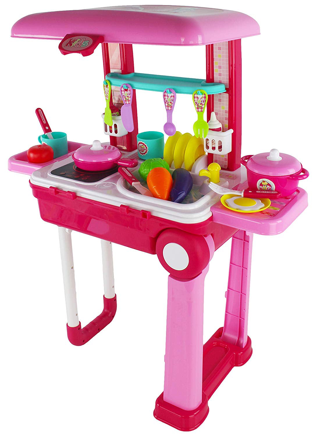 Battery Operated Kid's Pretend Play Portable Luggage Little Pink Chef  Kitchen Playset w/ Accessories