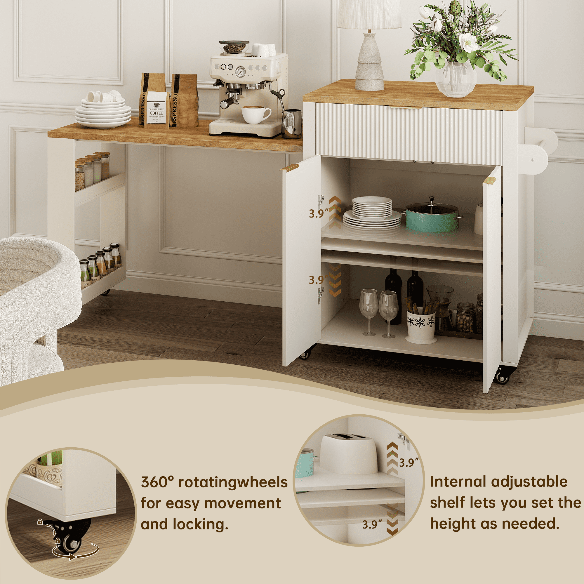 FOOWIN Kitchen Island with Extendable Dining Table, Mobile Island Table with Cabinets, Drawers, Power Outlets, White