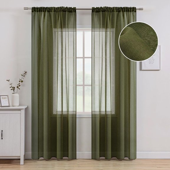 Olive Green Sheer Curtains Linen Textured 2 Panels for Bedroom Living Room, Semi Transparent Farmhouse Rod Pocket Light Filtering Voile Window Drapes