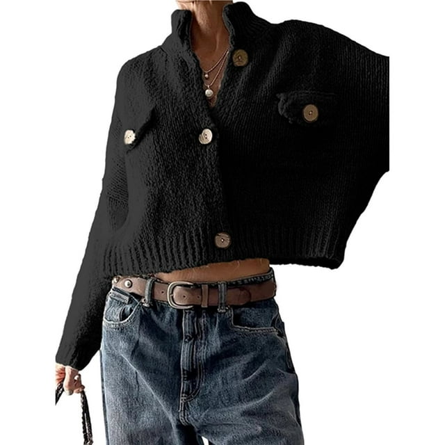 Suéteres Tipo Cárdigan Cortos para Mujer, de Punto Grueso, con Botones, Larga, Cuello Alto y Abertura Frontal, Chaquetas Holgadas. Negro XL