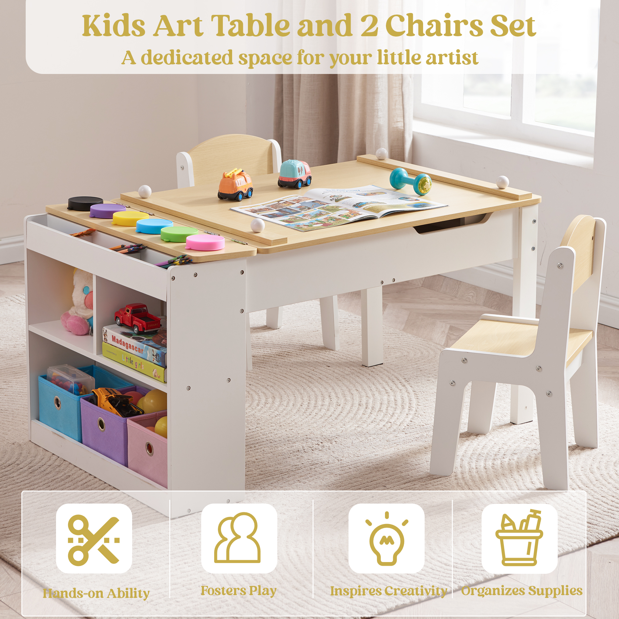 Kids Art Table Set with Chairs, 3-in-1 Kids Art Easel & Craft Desk for Coloring Drawing, Activity Table with 6 Paint Cups, 6 Storage Bins & Paper Roll Holder