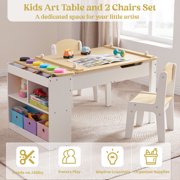 Kids Art Table Set with Chairs, 3-in-1 Kids Art Easel & Craft Desk for Coloring Drawing, Activity Table with 6 Paint Cups, 6 Storage Bins & Paper Roll Holder