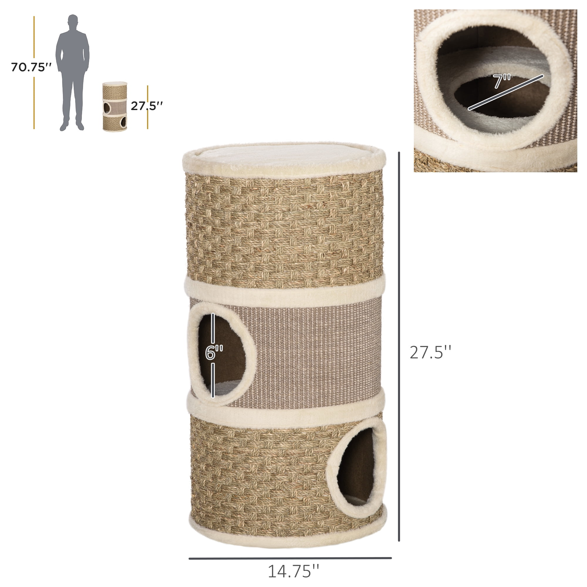 28 Inch 3-Story Cat Condo, Barrel Shaped Indoor Cat Tree with Sisal Scratching Pad, Soft Plush Lining Stable Particleboard Cat Hideaway for Small Cats, Khaki & Brown