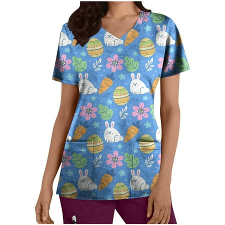 

Yyeselk Womens Happy Easter Short Sleeve Scrub Tops Trendy Graphic Tee Shirts Blouse V Neck Tunic 50% off Discount Tshirt 2023 Sky Blue M