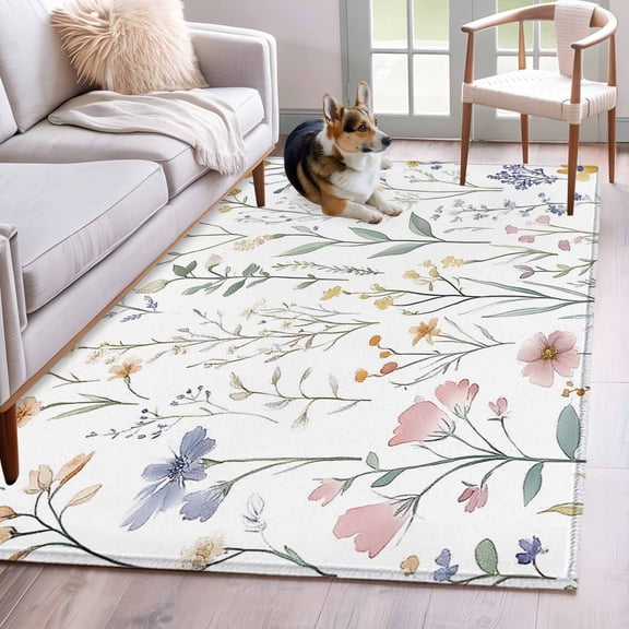 Spring Pastoral Floral Area Rug 4x6 Washable Rug Non Slip Farmhouse Botanical Leaves Large Area Rug Indoor Floor Carpet for Entryway Bedroom Kitchen Living Room Home Office Dining Room Nursery