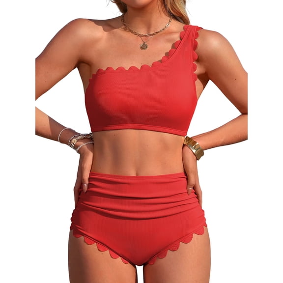 Sociala Women's One Shoulder Scallop Ribbed Bikini Sets Color Block Swimsuits High Waisted Bathing Suits