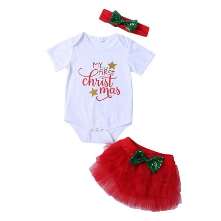 

Gupgi Baby Christmas Set Short Sleeve Romper Shorts Headband Xmas Outfit