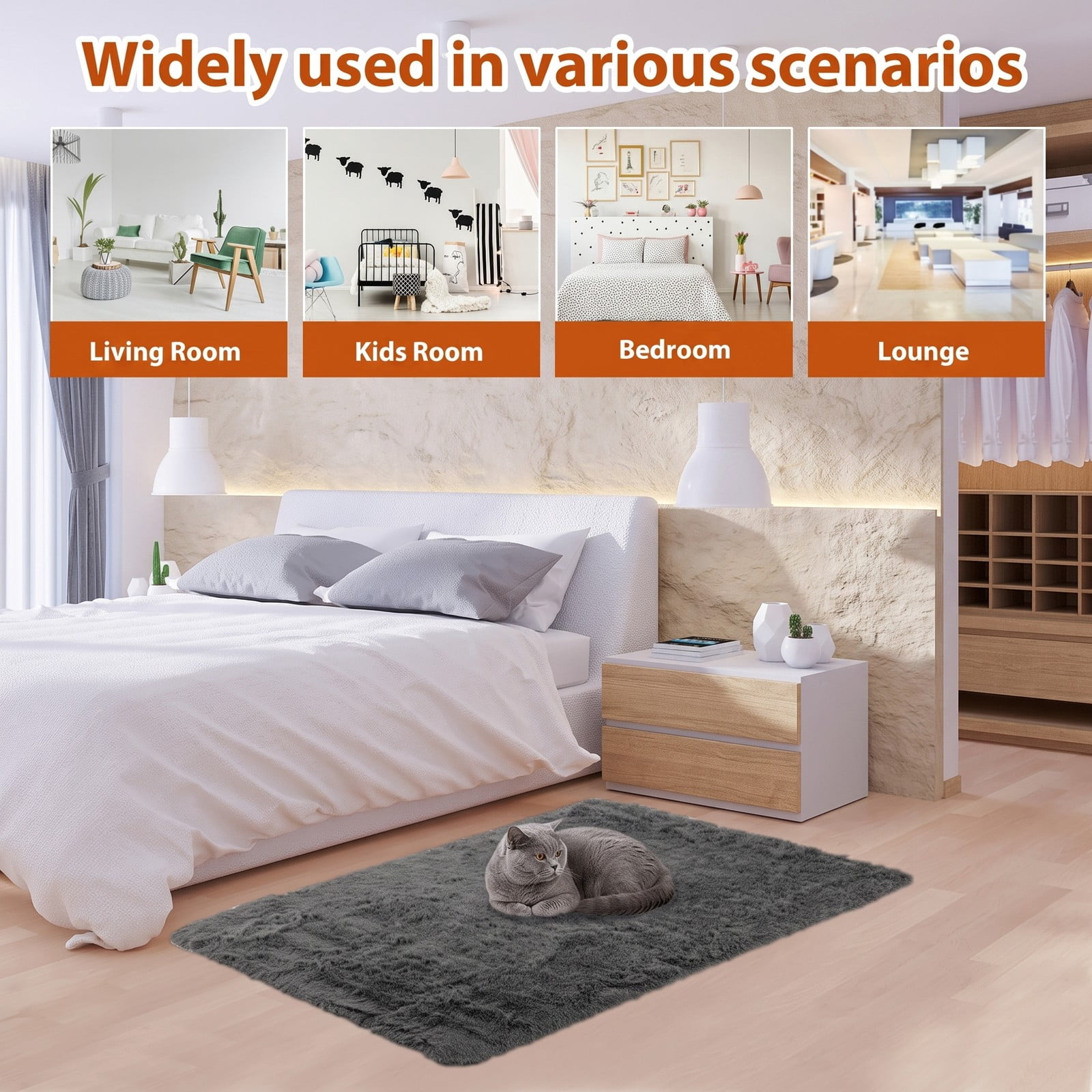 ALPULON 4x6 Feet Modern Soft Shag Area Rug with Non-Slip Grip Dots, Fluffy Plush Indoor Carpet for Bedroom Living Room Home Office Nursery Floor Decor, Machine, Gray