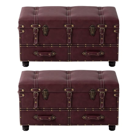 COZAYH Vintage Storage Bench, Upholstered Wooden Ottoman Bed Chest Box, Magenta, Set of 2