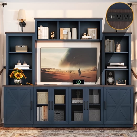 Blue 87.6" Modern TV Stand Media Console with Large Storage Cabinets, Entertainment Center for Living Room with Charging Station and USB Ports for TV, MDF,Ships 2 Pkgs