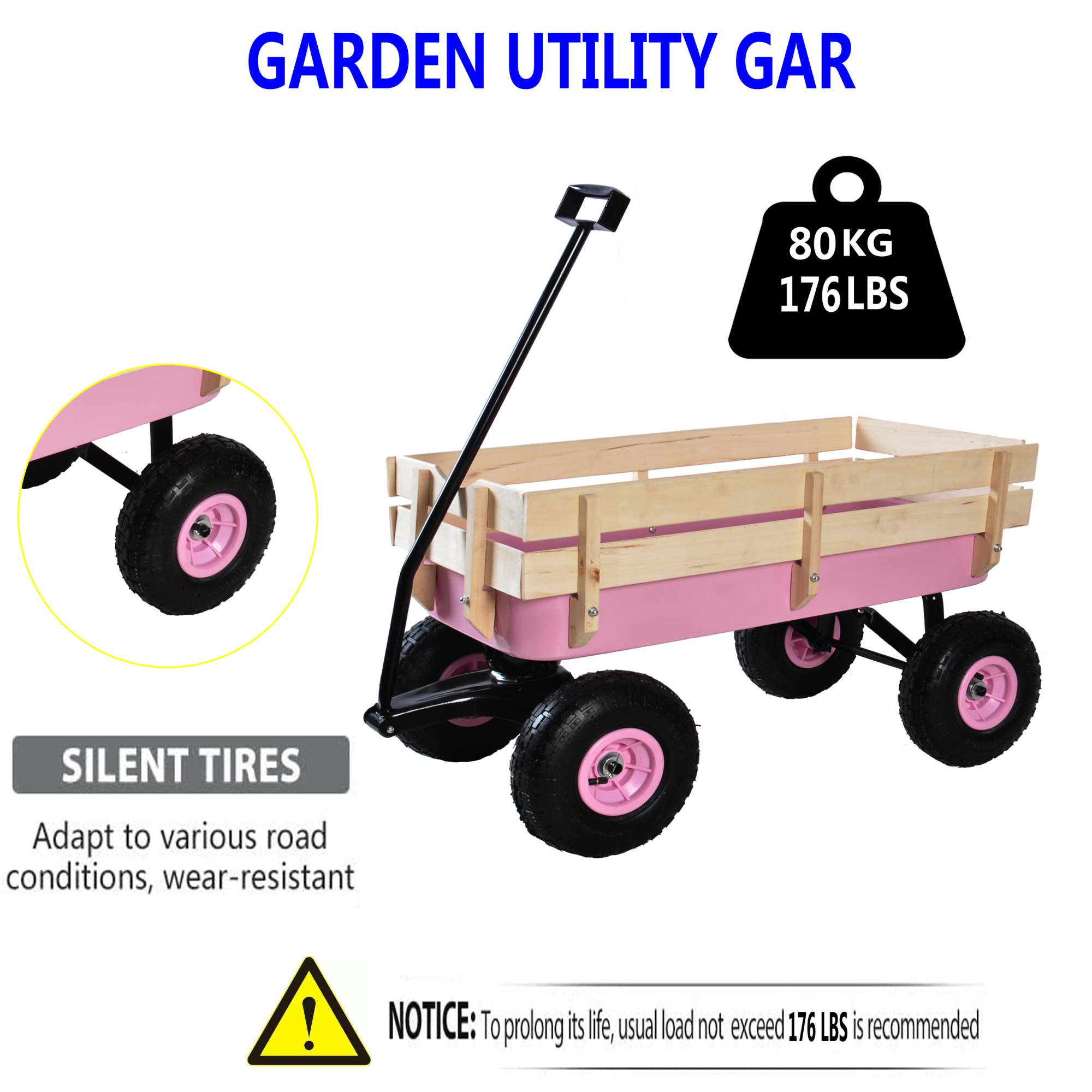 Leumius Outdoor Wagon with Pulling Wood Railing Panels,39" Utility Wagon with 10 Inch Wheels,176LBS Capacity for Beach,Garden,Park,Pink