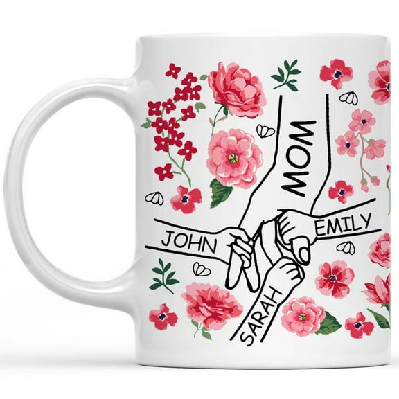 Personalized Mom Of 3 Childs Hands Mug, Custom Names Mom Boys Girls Coffee Mug, Tea Cup Ceramic White 11 Oz Gift for Christmas, Birthday, Mother's Day 364941