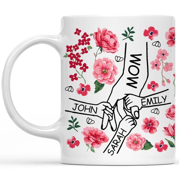 Personalized Mom Of 3 Childs Hands Mug, Custom Names Mom Boys Girls Coffee Mug, Tea Cup Ceramic White 11 Oz Gift for Christmas, Birthday, Mother's Day 364941