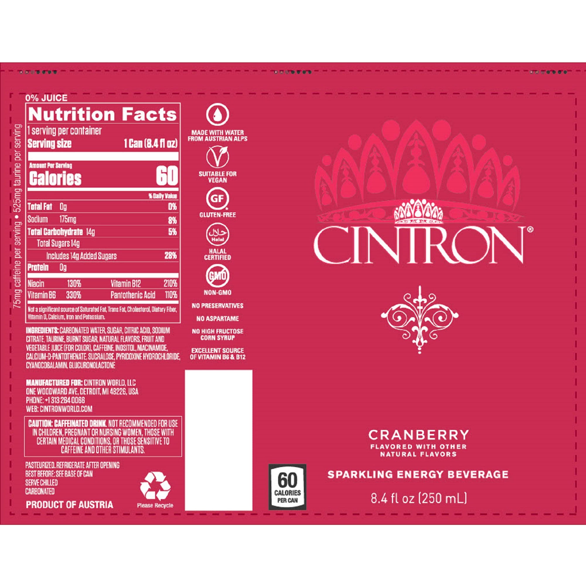 Cintron Sparkling Cranberry Caffeinated Energy Drink 6PK- Healthy Alternative W/ Less Calories