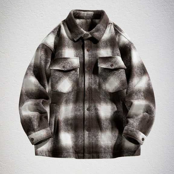 gbyLJF Men's Checkered Printed Jacket Thickened Warm Button Top Casual Loose Long Sleeve Lapel Jacket with Pocket