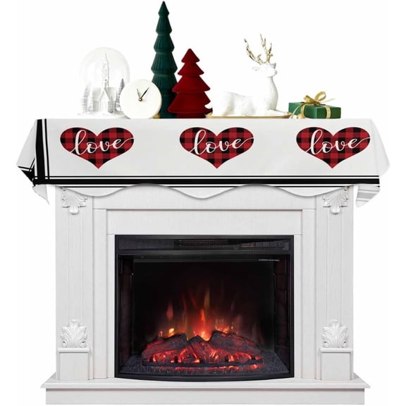 Vintage Valentine's Day Mantle Scarf White Love Texts Buffalo Check Fireplace Scarf, Love Hearts Mantle Cover Runner for Festive Party Supplies Decor,78x17In