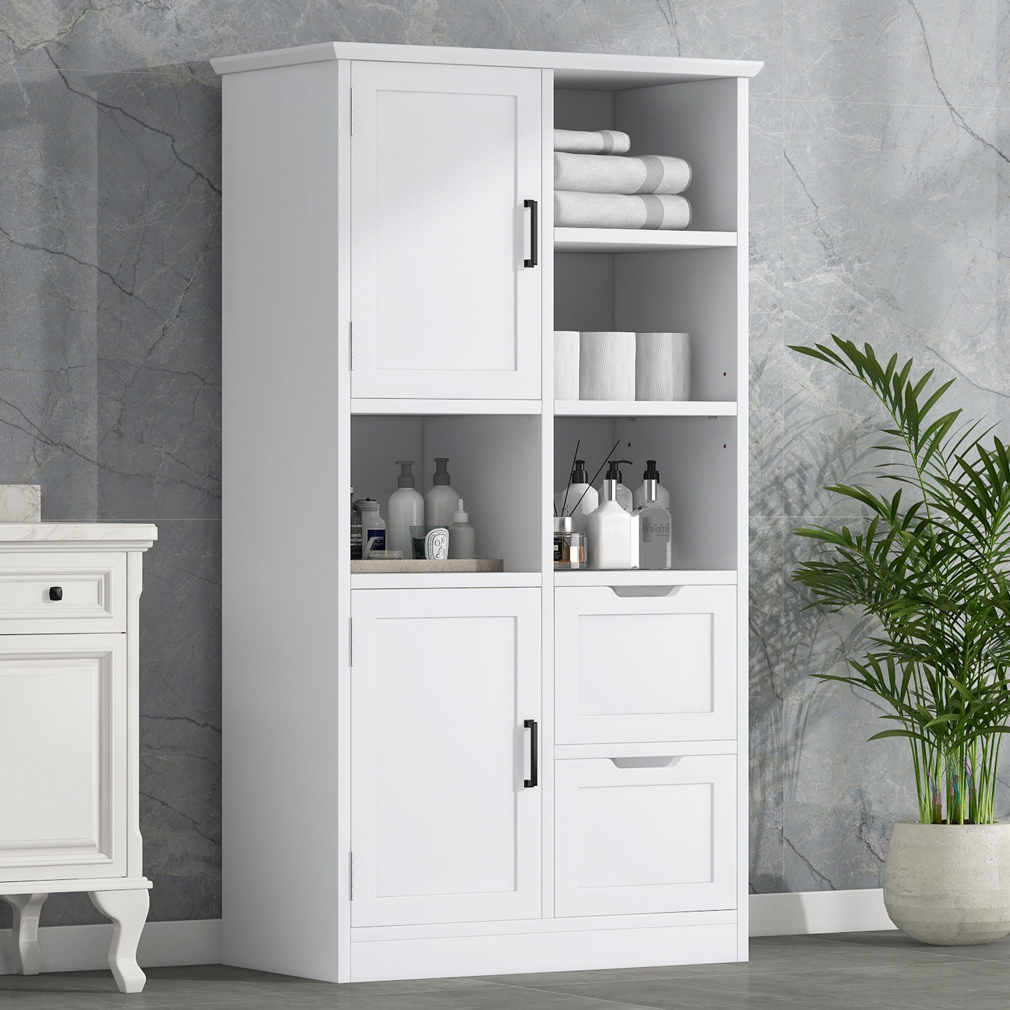 EUROCO 62'' Tall Bathroom Storage Cabinet, MDF Board Floor Storage Cabinet with 2 Doors, 2 Drawers and Adjustable & Door shelves, Freestanding Cabinet for Bathroom, Living Room, Home Office, White