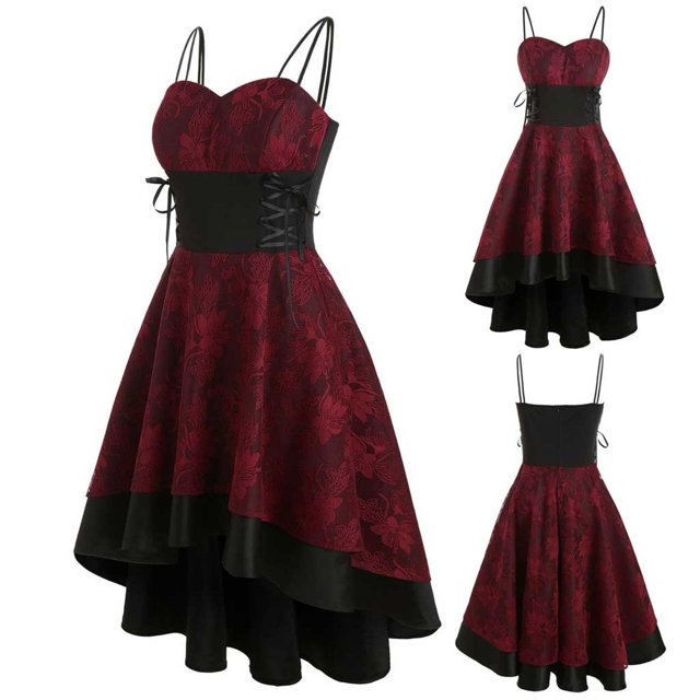 HKEJIAOI Liquidation Robes de Cocktail Cadeau de la Saint-Valentin Femme Vintage Cami de Haute Qualité Bandage Lacé Robe Haute Basse Robe de Soirée Rouge