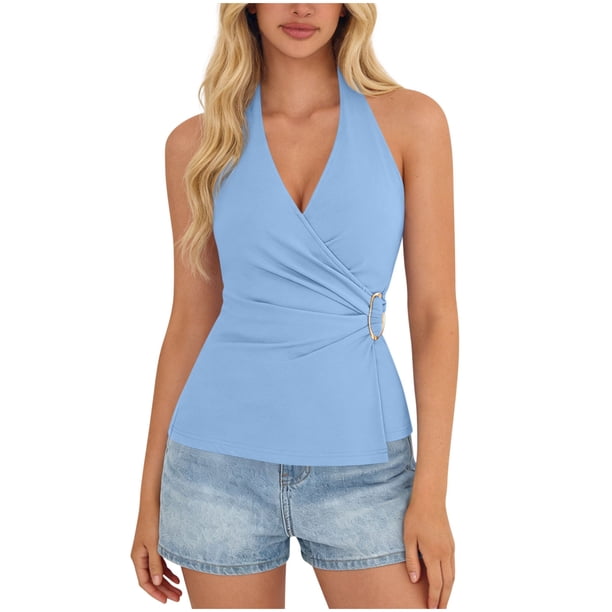 Tops Casuales sin Mangas para las Mujeres V Cuello Blusa Plegado Vendaje Suéter de Verano Damas Camisa Diaria